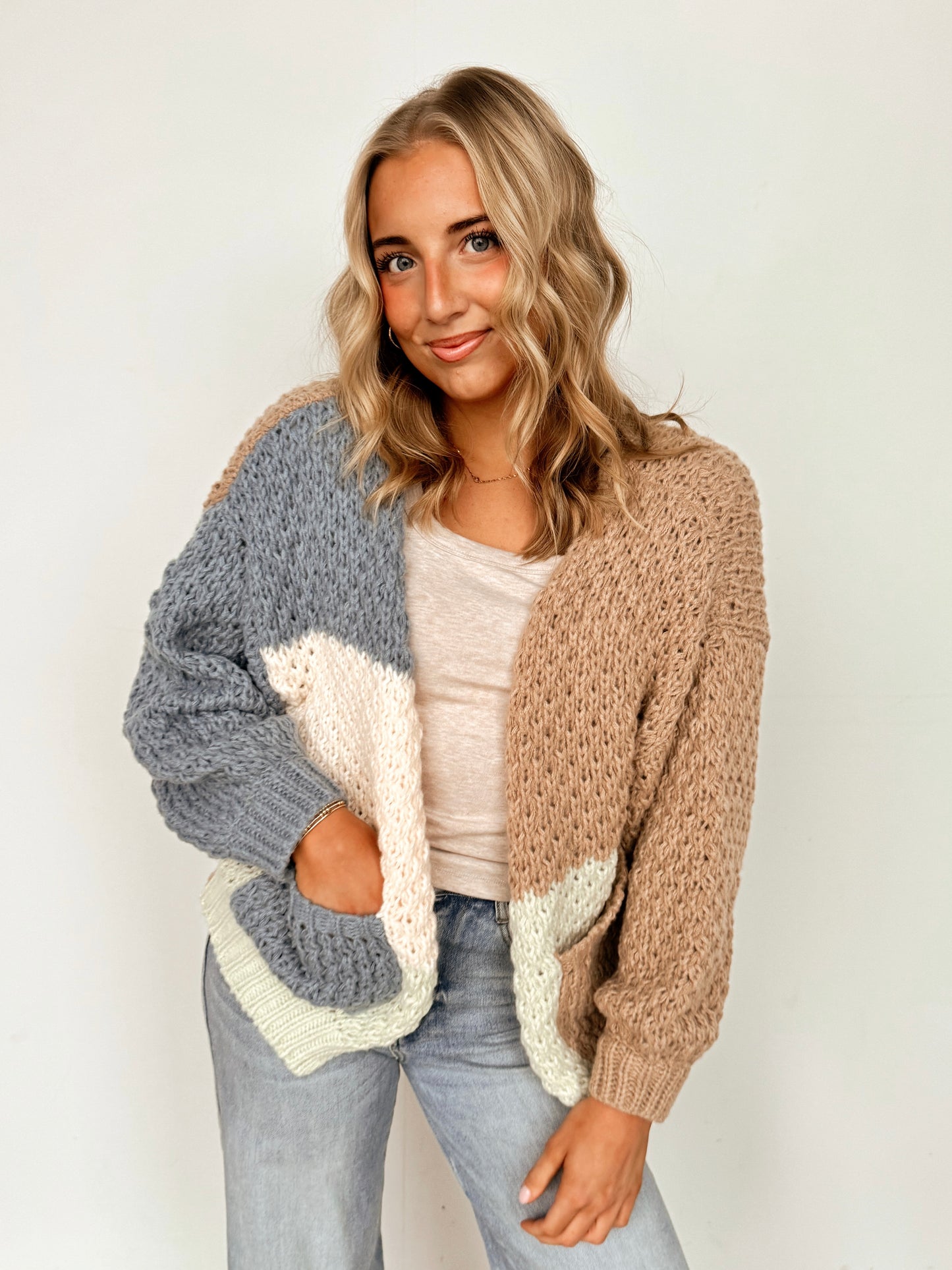 Blue & Beige Colorblock Cardigan