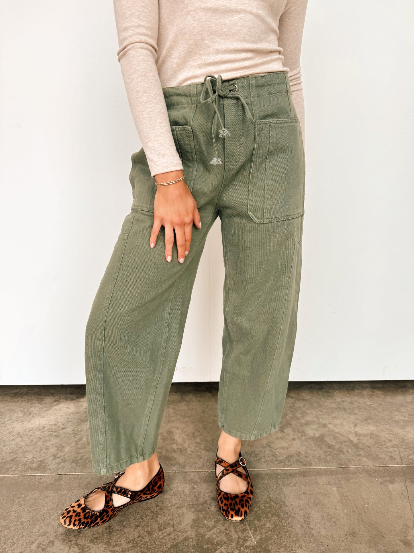Olive Green Drawstring Barrel Denim