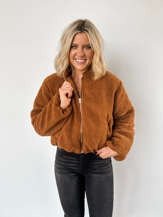 Brown Fuzzy Bomber Zip Up