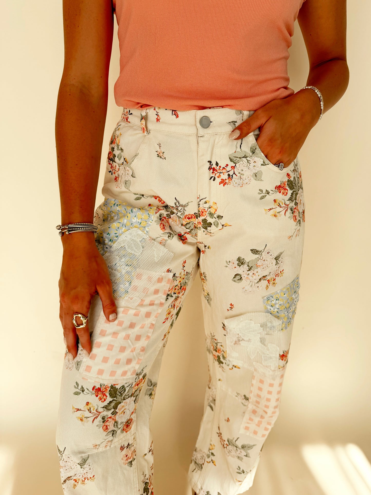 Floral Patchwork Barrel Pants
