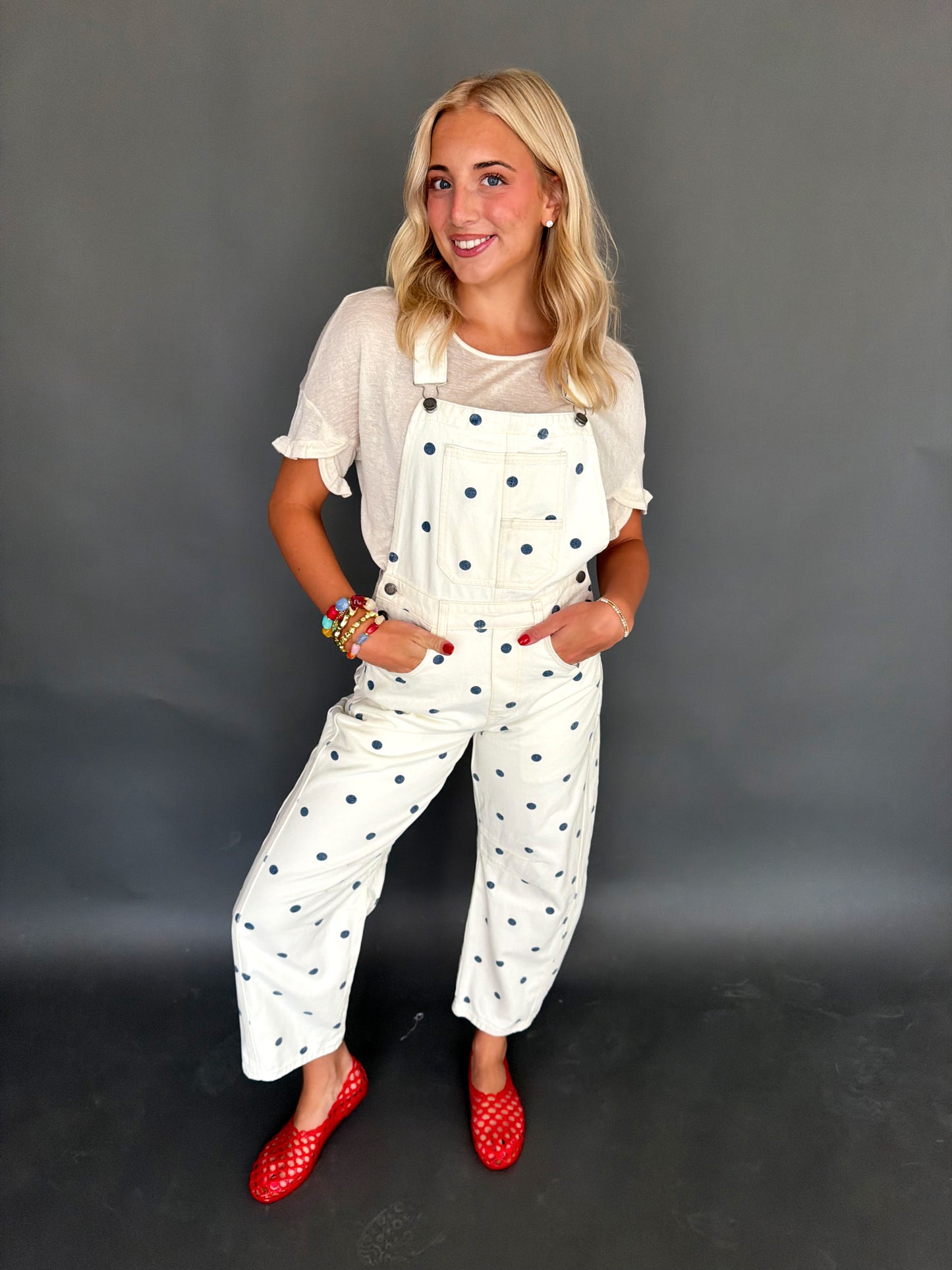 Ivory & Navy Polka Dot Overalls