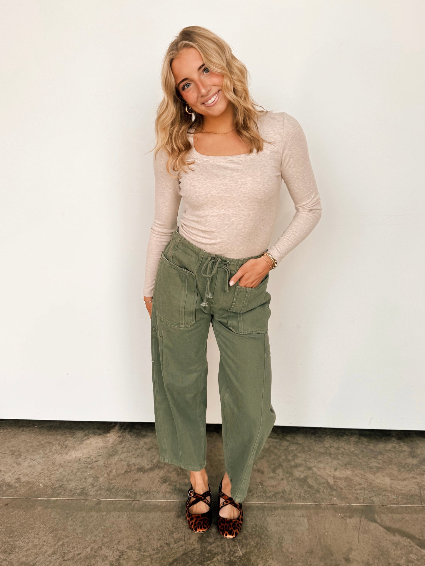 Olive Green Drawstring Barrel Denim