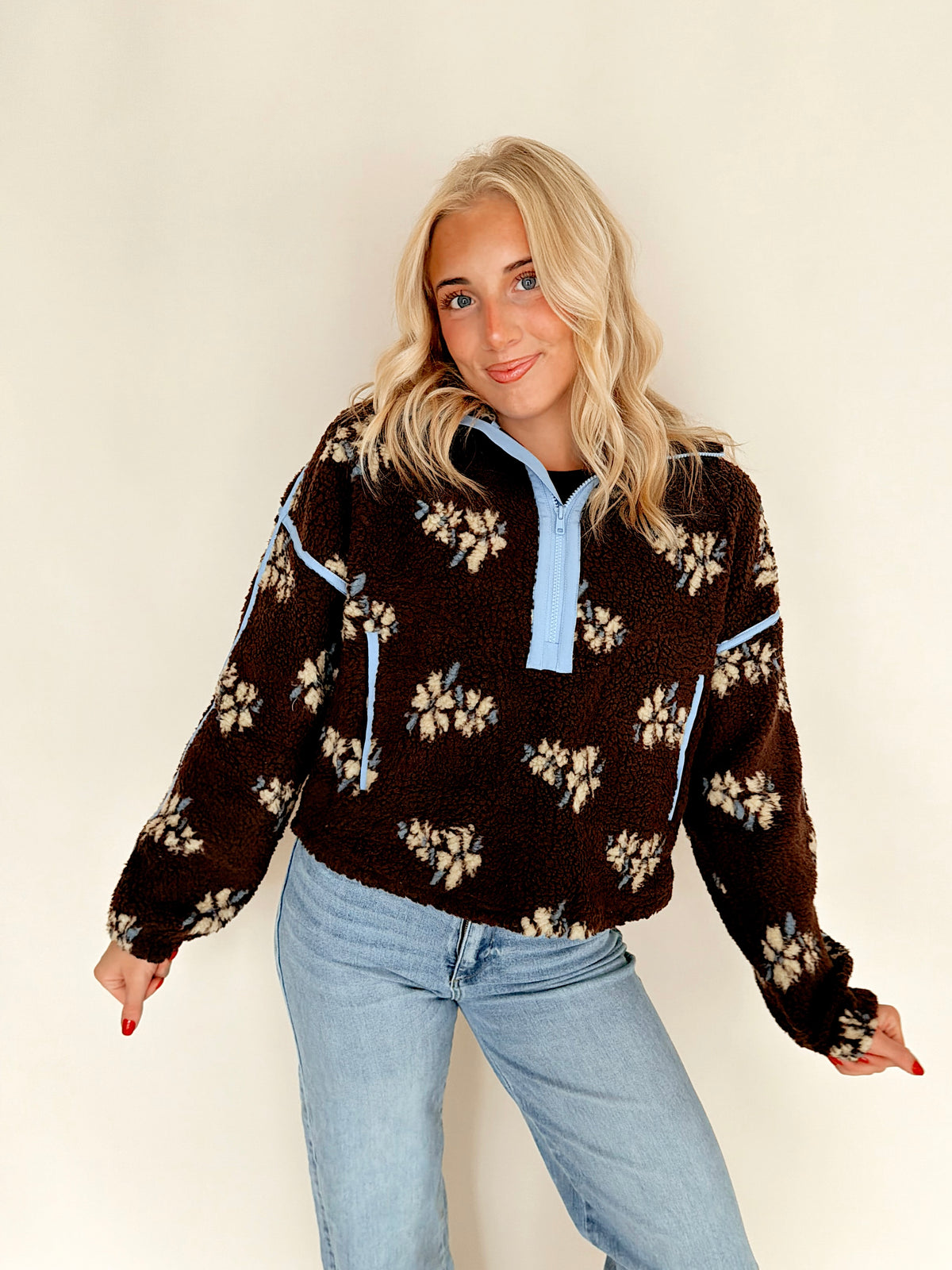 Chocolate Brown Floral Print Half Zip