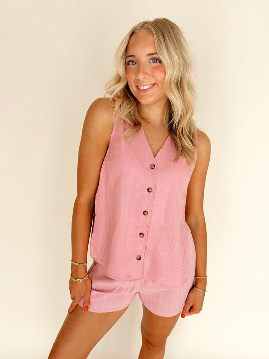 Rose Sleeveless Button Front Linen Set