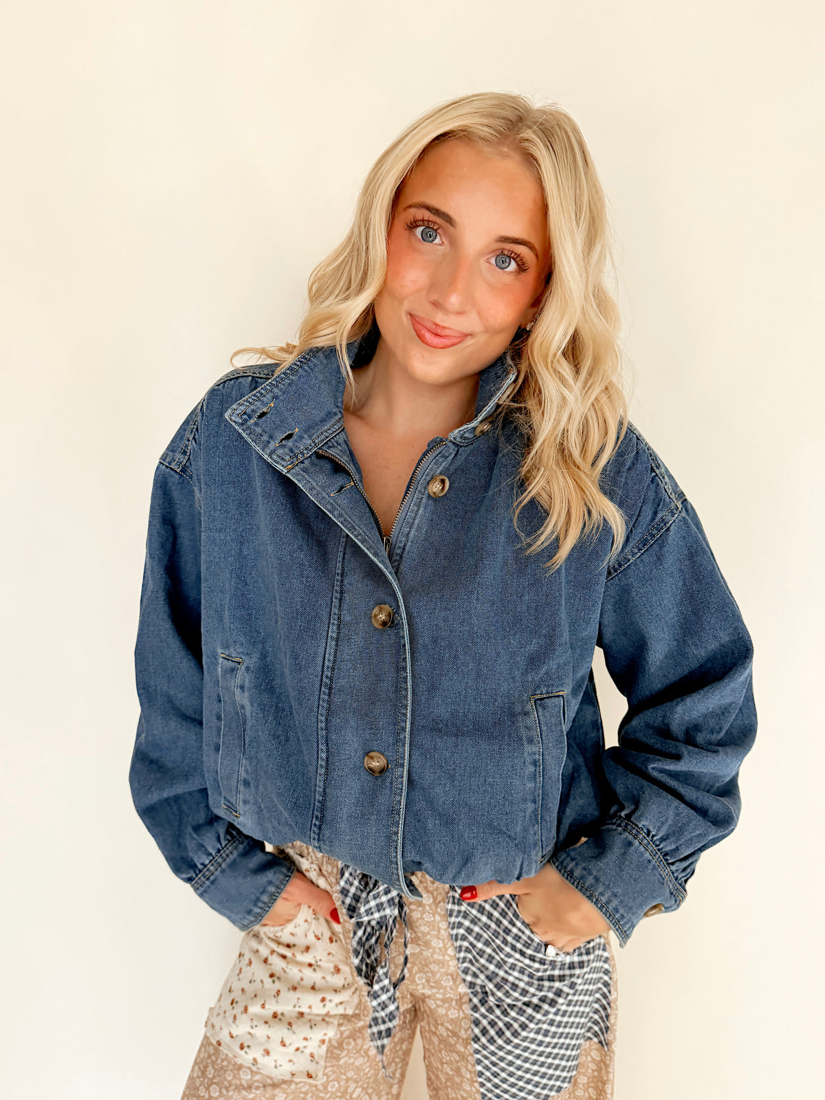 High Collar Denim Bomber Jacket