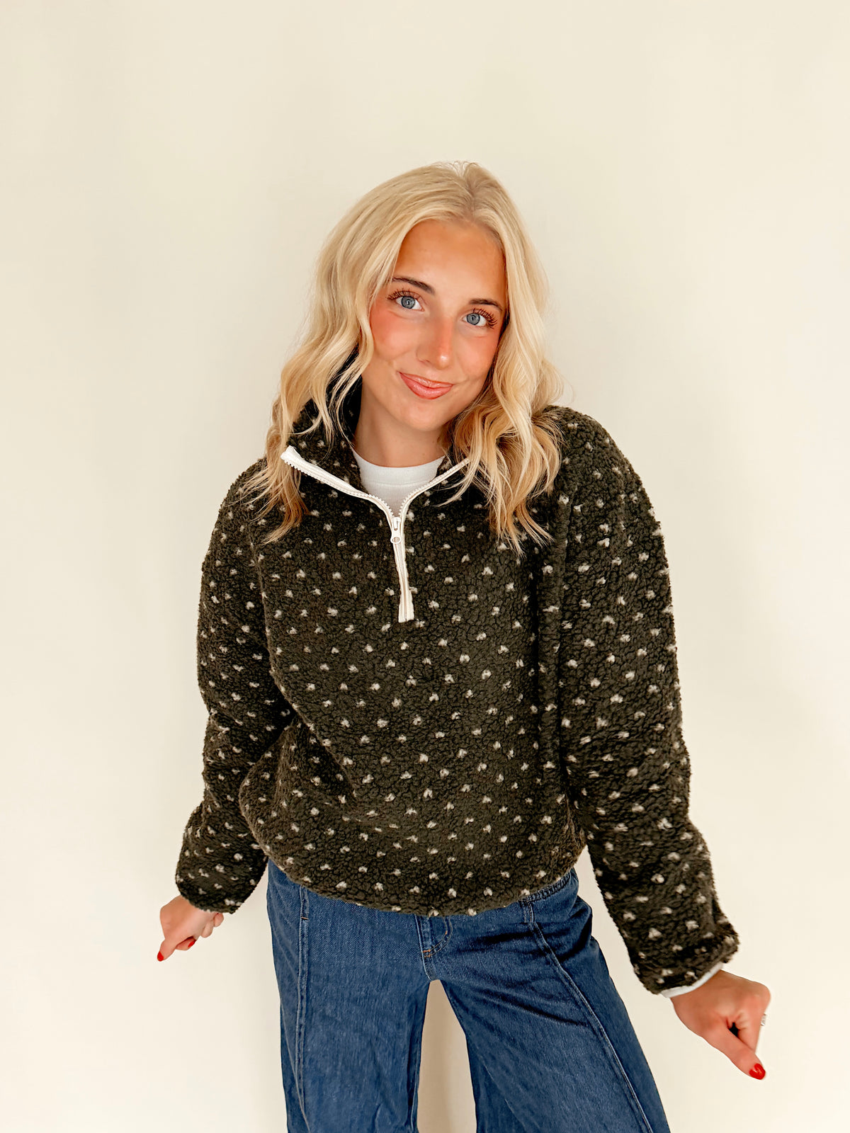 Dark Olive Polka Dot Half-Zip Pullover