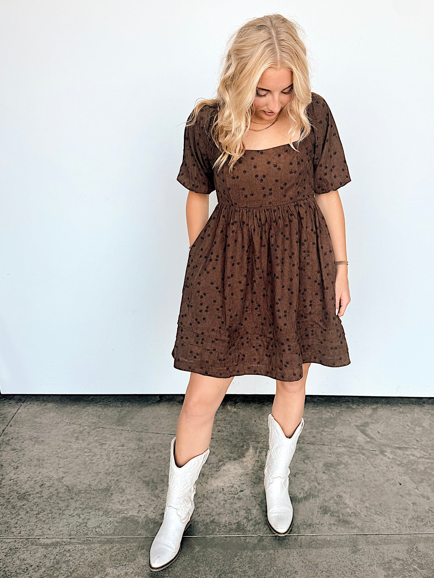 Mocha Corduroy Babydoll Puff Sleeve Dress