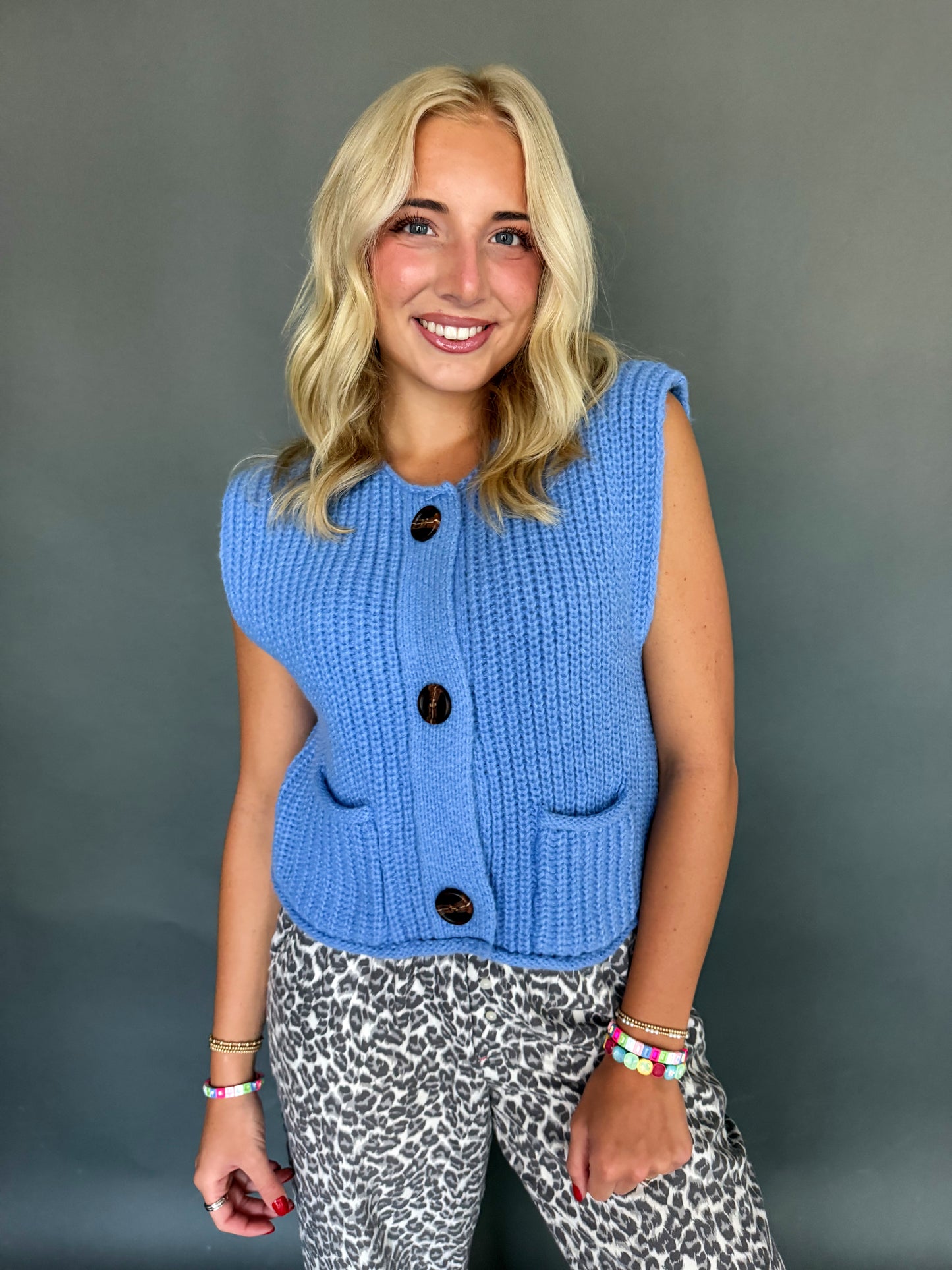 Cornflower Buttoned Sleeveless Sweater Vest