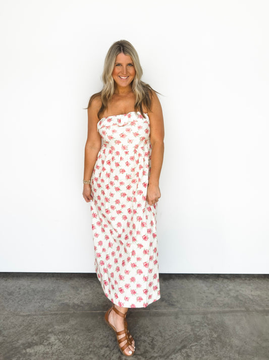 Cream & Red Floral Strapless Maxi