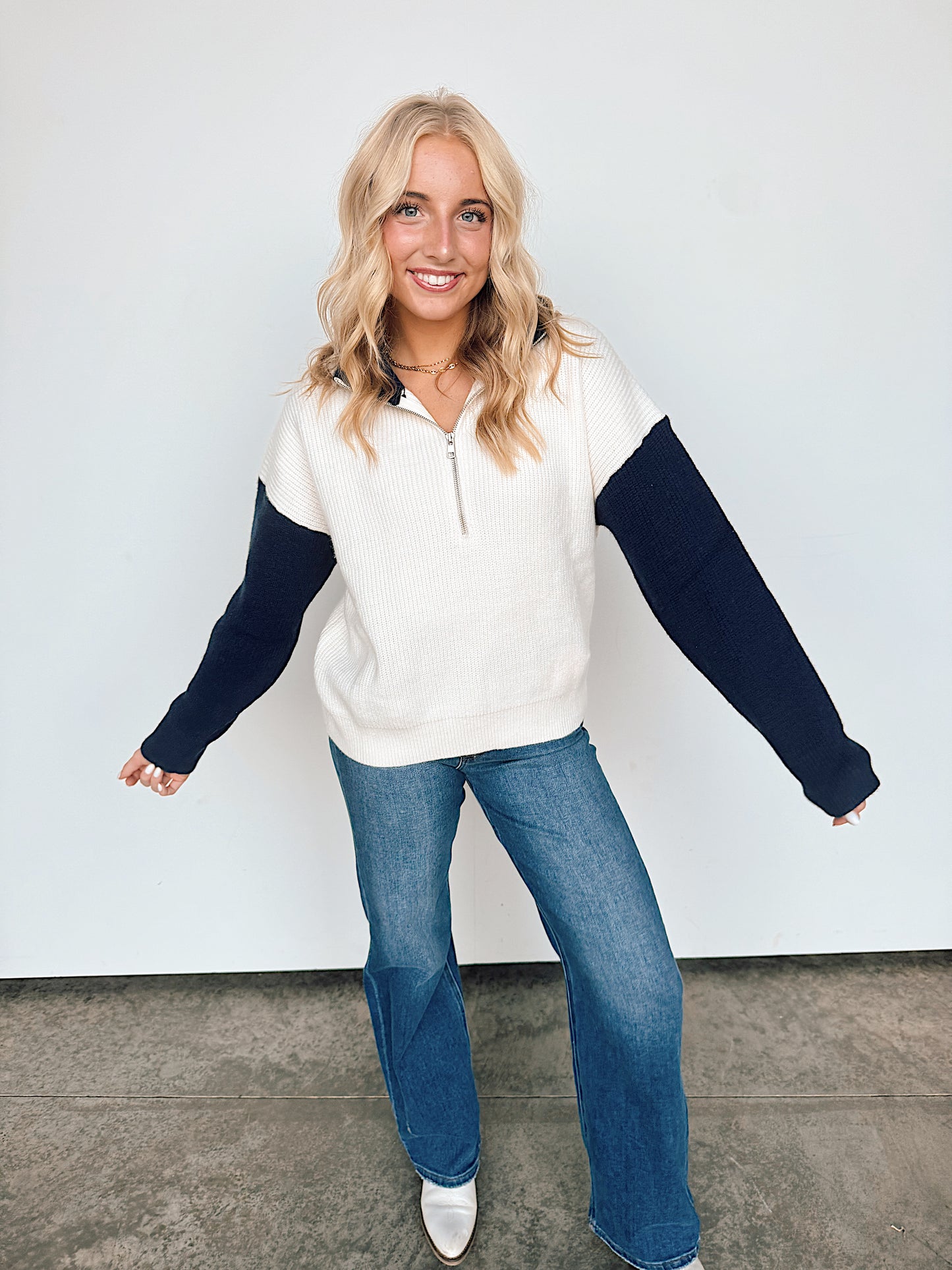 Navy Cream Colorblock Half Zip