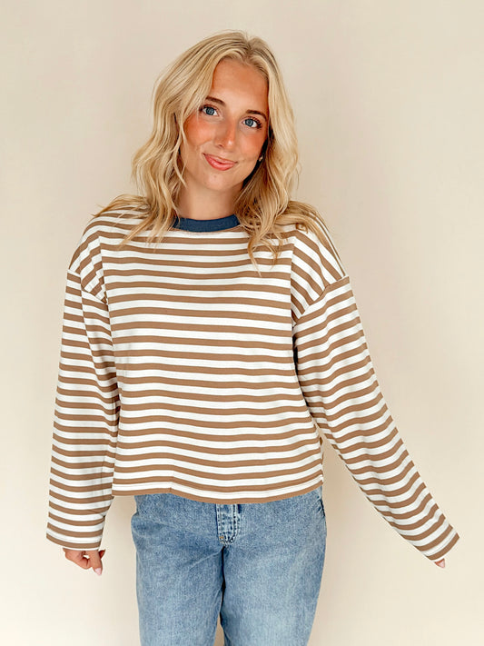 Tan & White Striped Colorblock Long Sleeve Top
