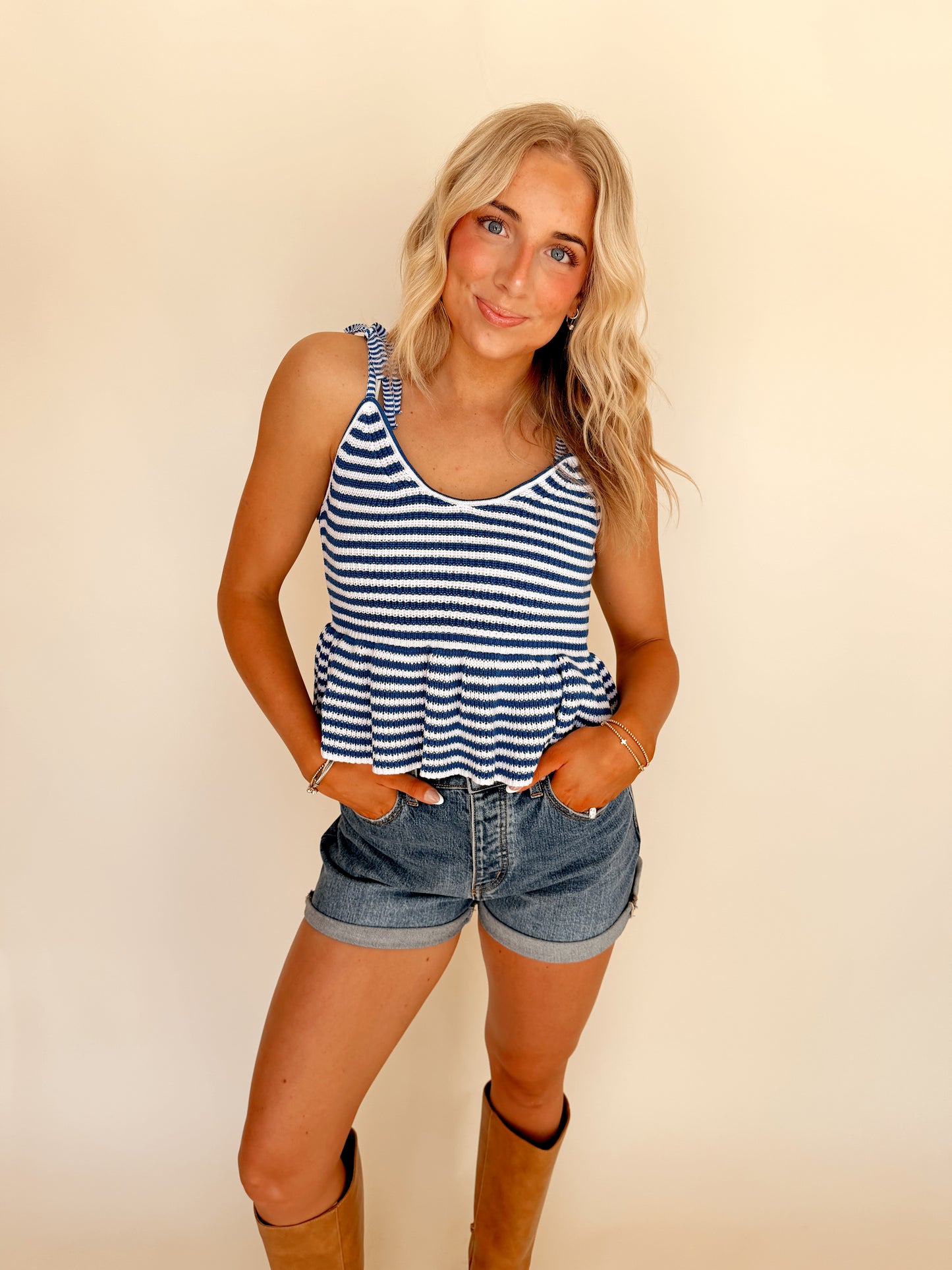 Blue Striped Tie Strap Peplum Top