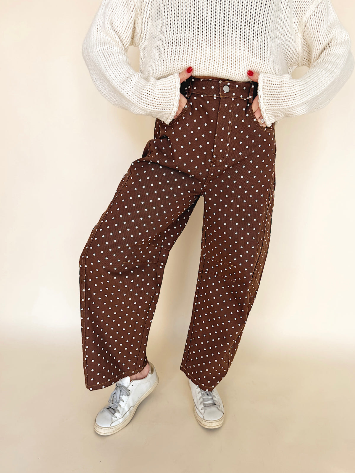 Brown Dotted Barrel Leg Pants