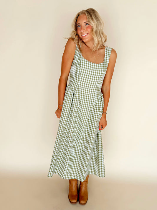 Sage Green Gingham Midi Dress