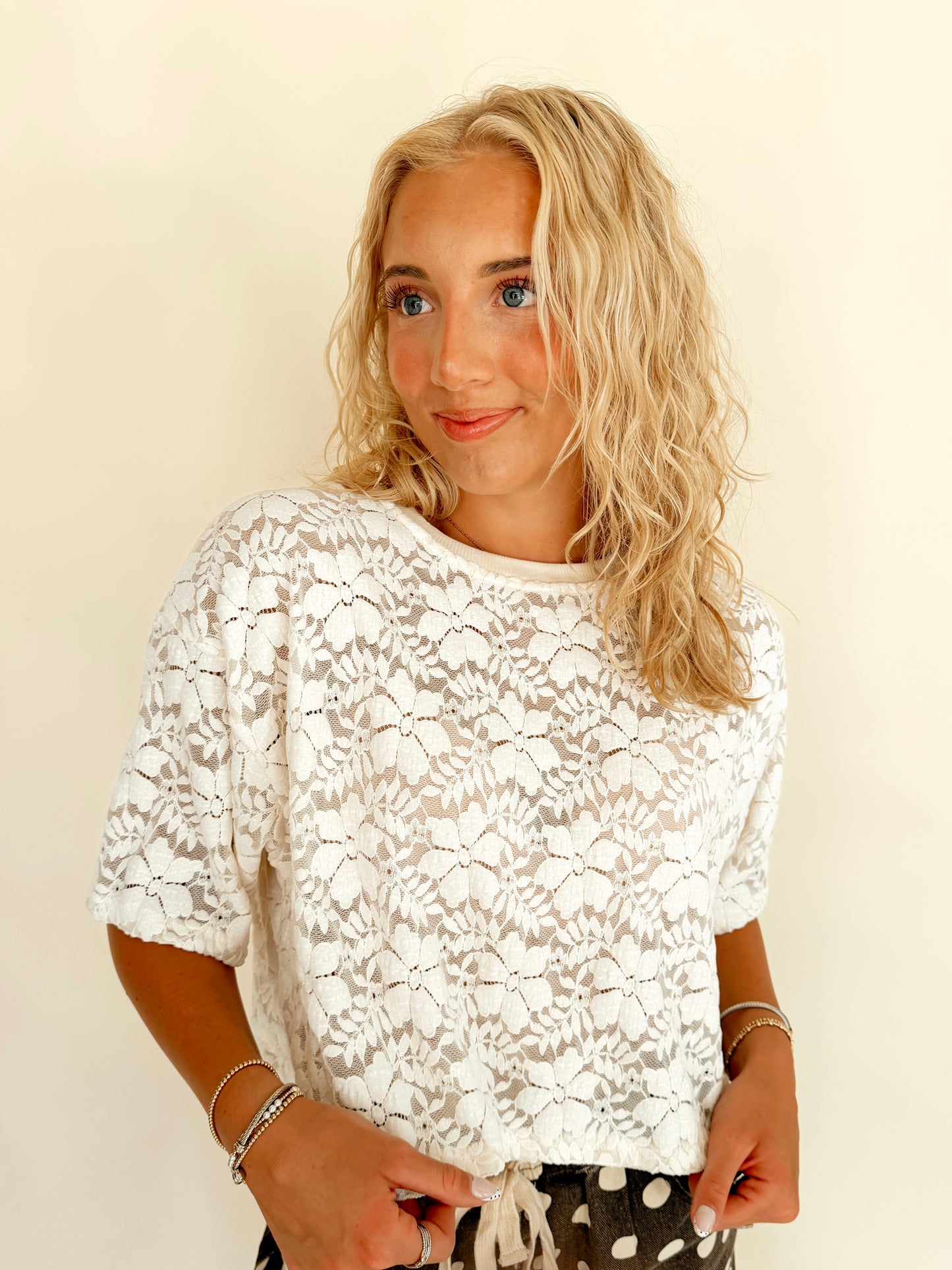Cream Floral Lace Boxy Cropped Knit Top