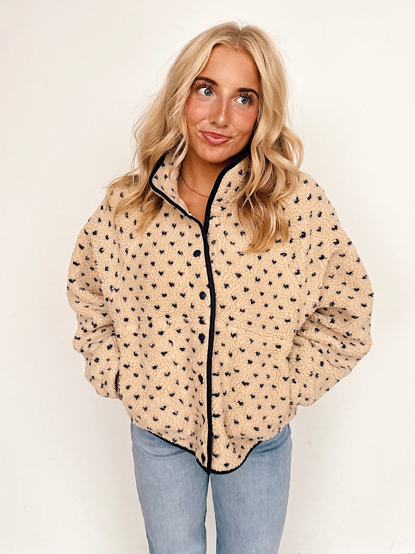 Beige & Navy Polka Dot Snap Button Fleece