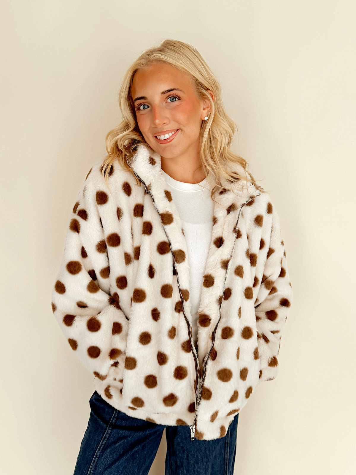 Polka Dot Fuzzy Zip-Up Jacket