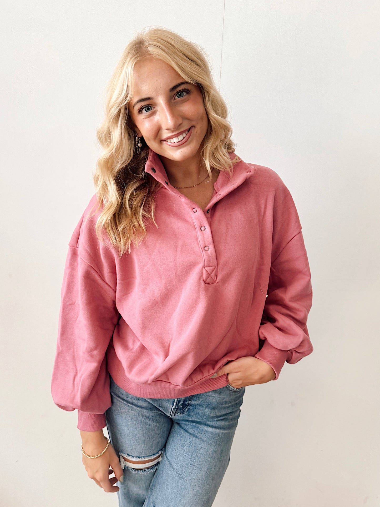 Rose Half Button Henley Pullover