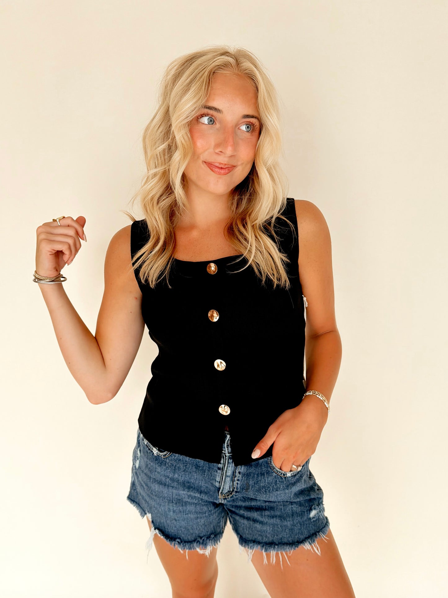 Black Gold Button Knit Tank Top