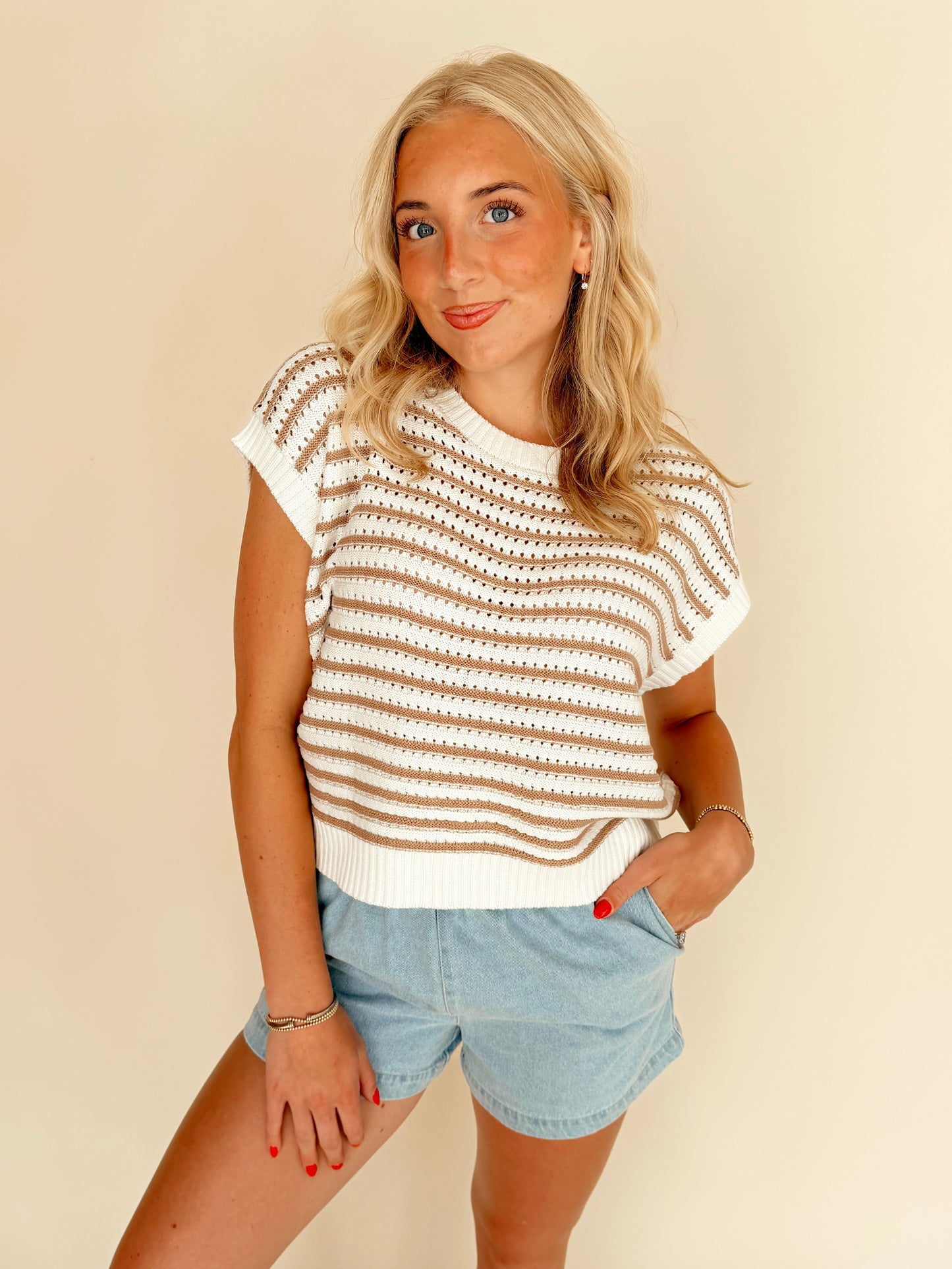 Taupe Striped Sleeveless Crew Neck Top