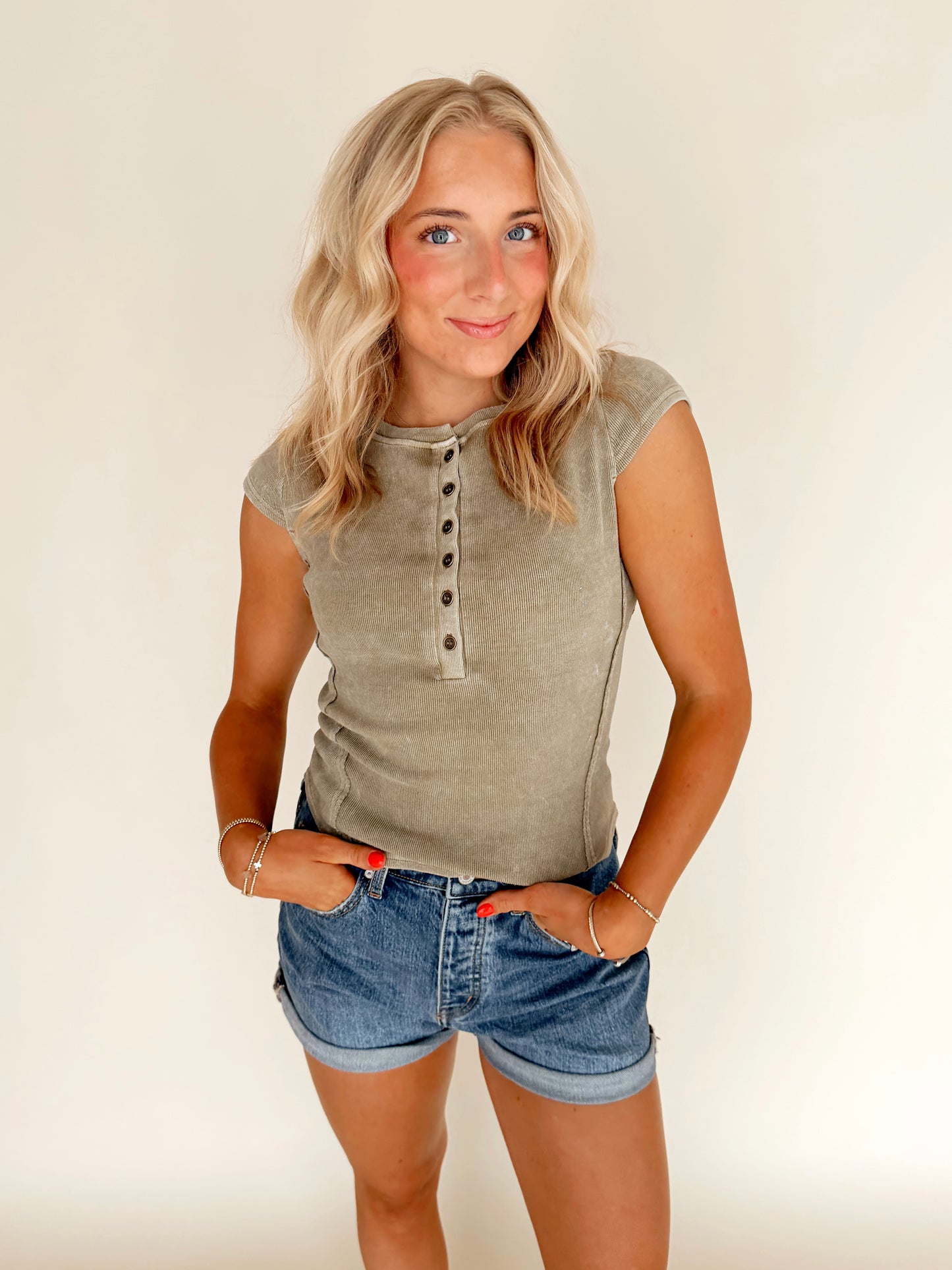 Olive Green Washed Henley Top