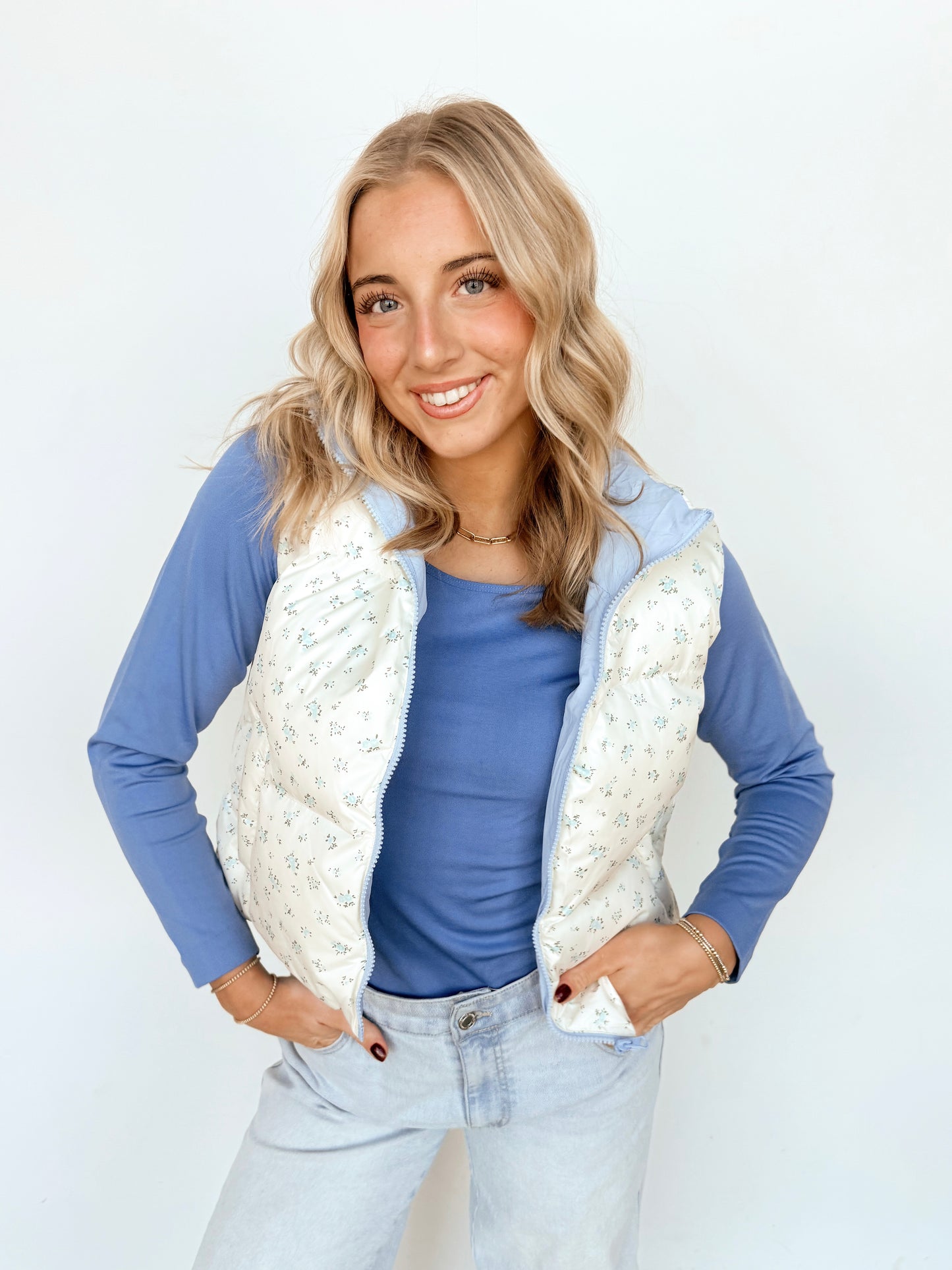 Cream and Blue Floral Puffer Vest