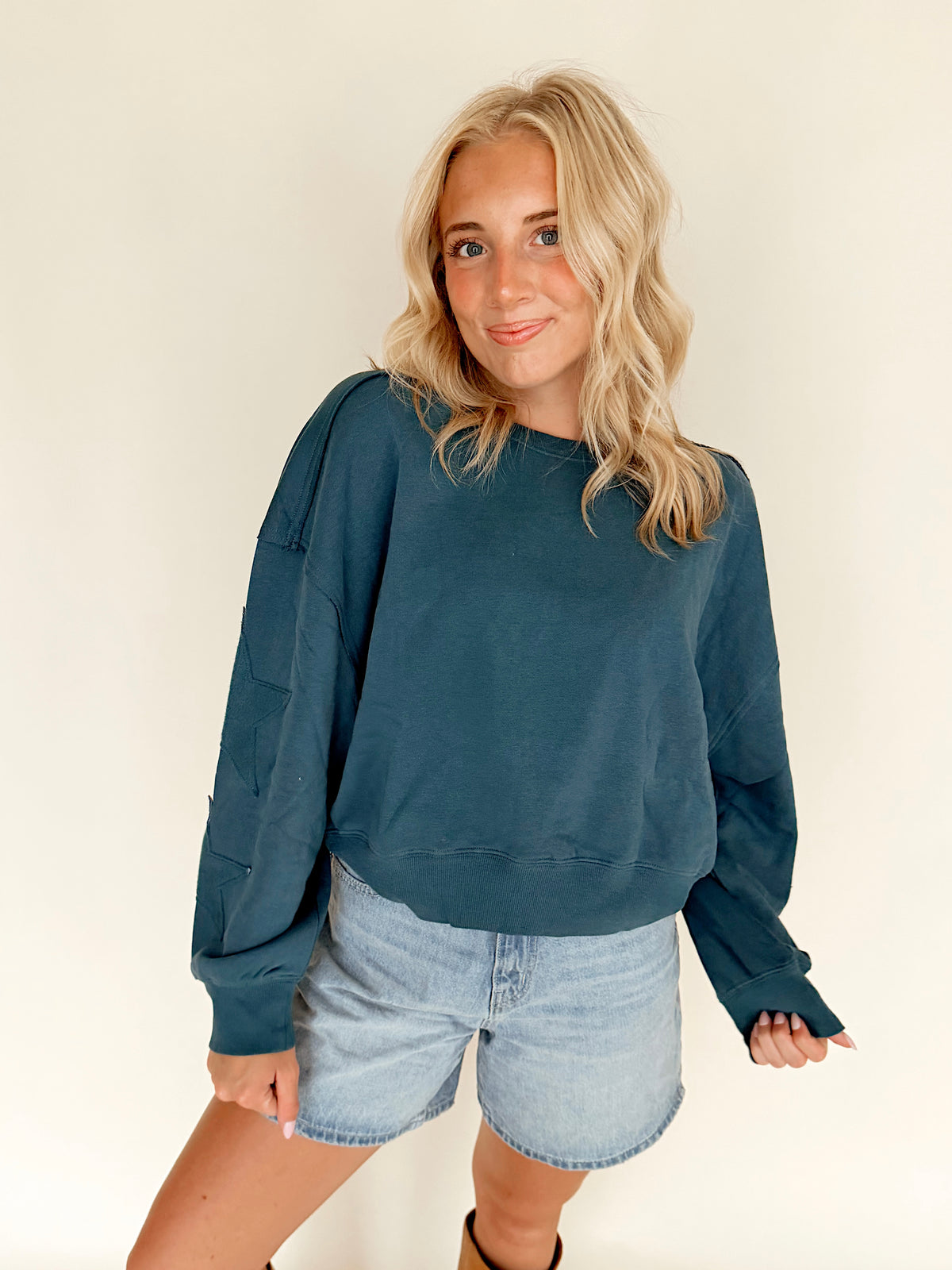 Dark Teal Star Patch Sleeve Sweatshirt