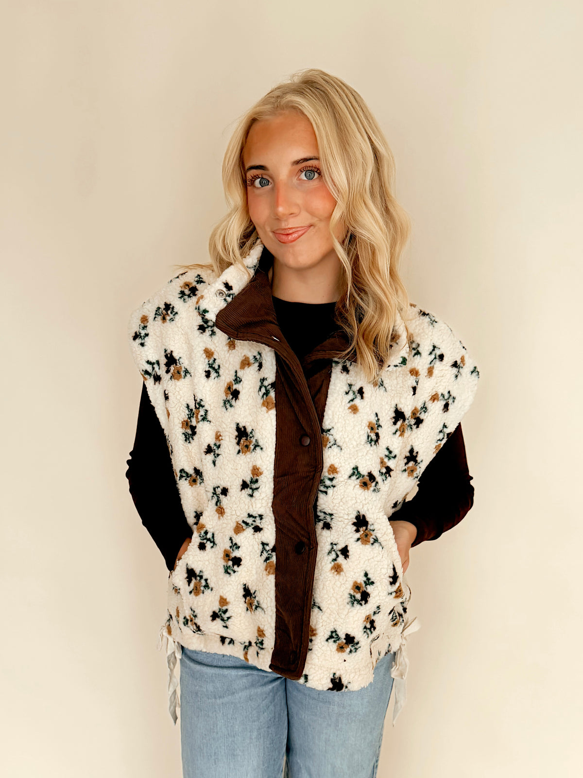 Cream Floral Sherpa Vest