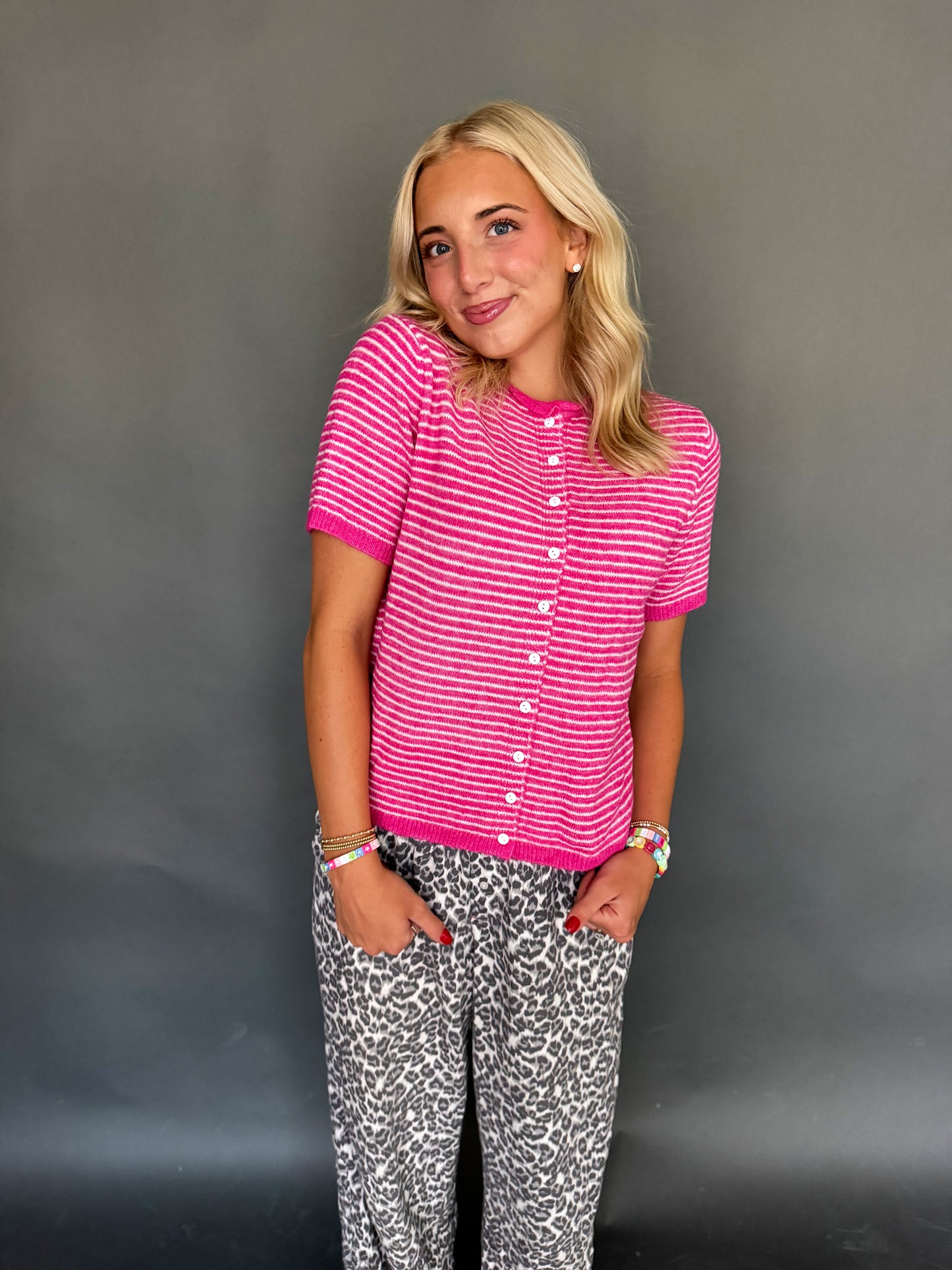 Bright Pink Striped Short Sleeve Button Cardigan