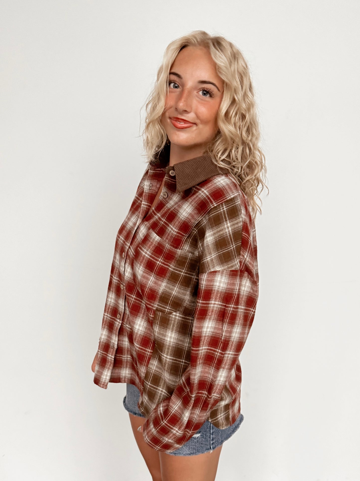 Wine Plaid Collared Button Up Top
