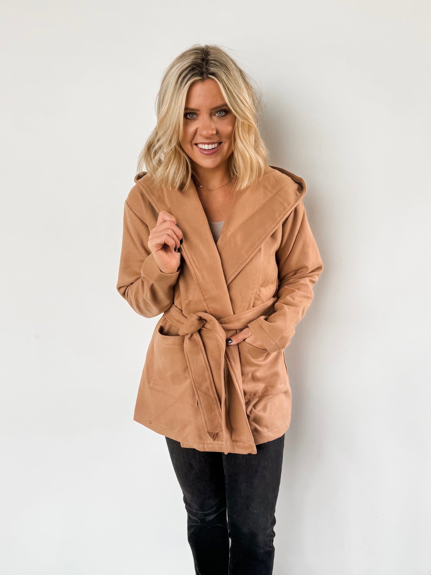 Camel Hooded Belted Coat Jacket