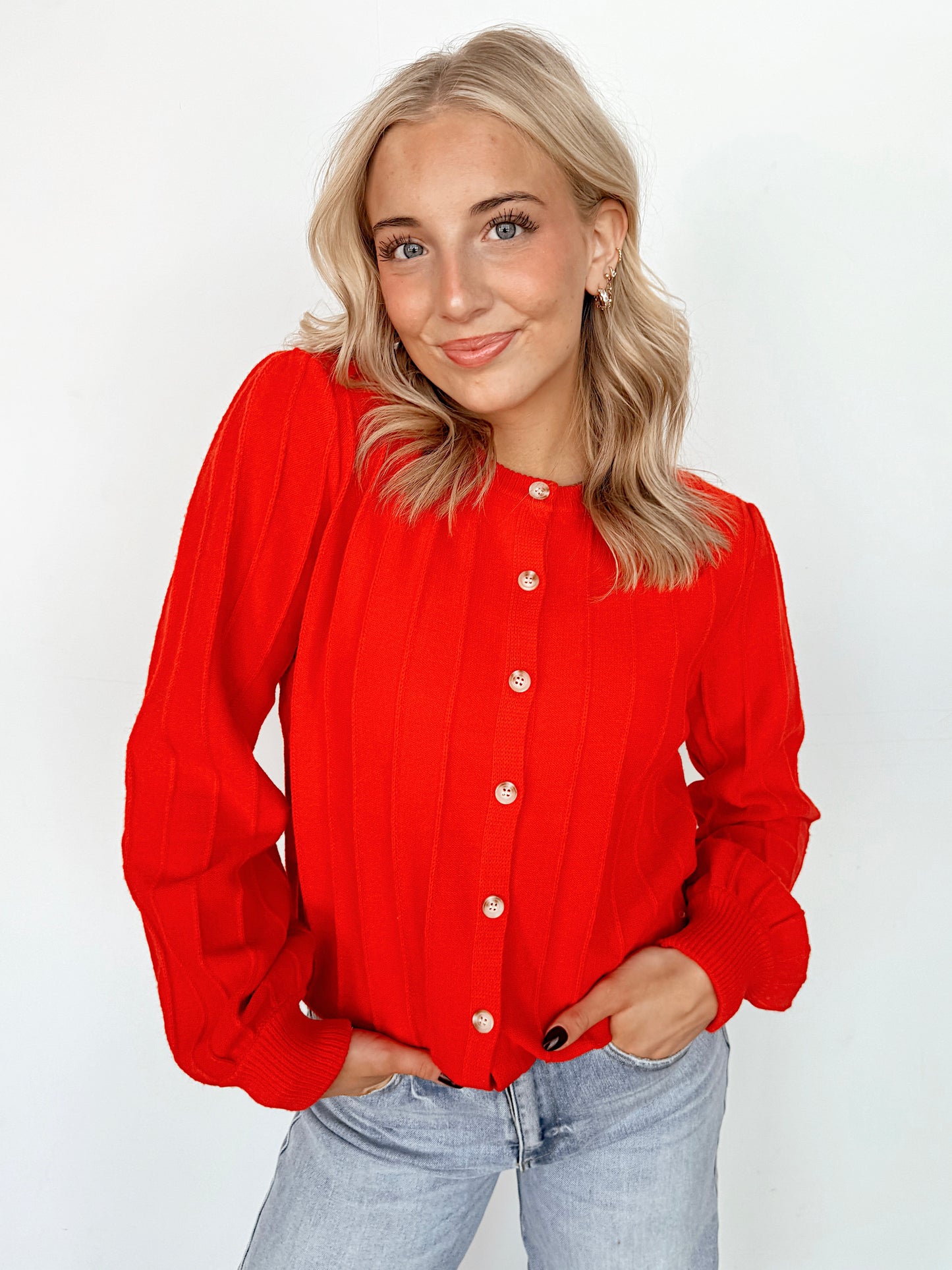 Red Ribbed Detail Cardigan