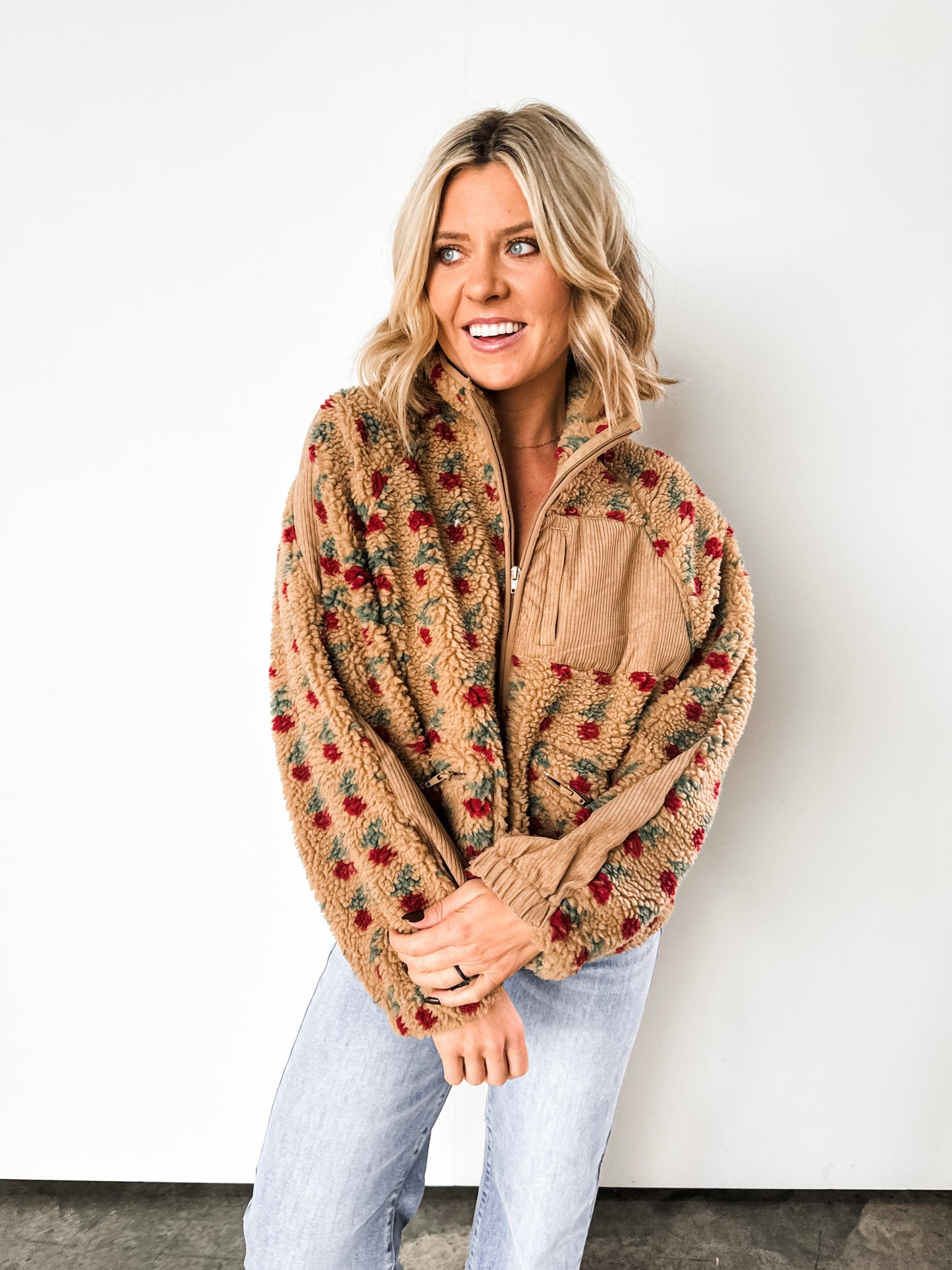 ‘All I Want For Christmas’ Beige & Red Floral Fleece