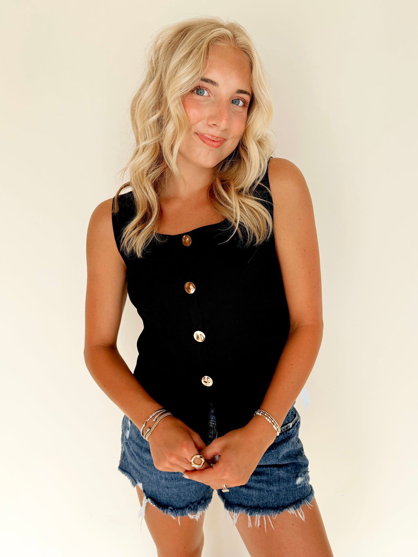 Black Gold Button Knit Tank Top