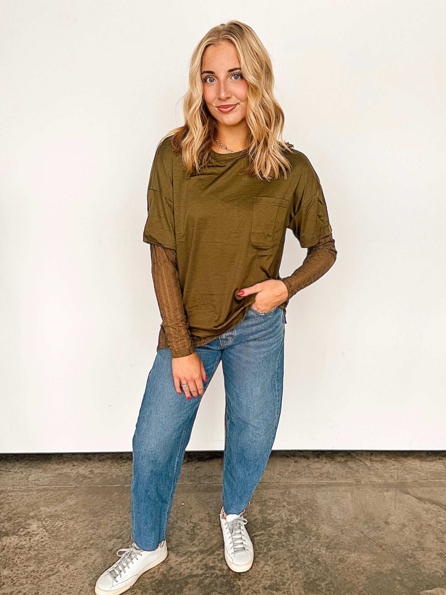 Olive Shirt with Lace Sleeves