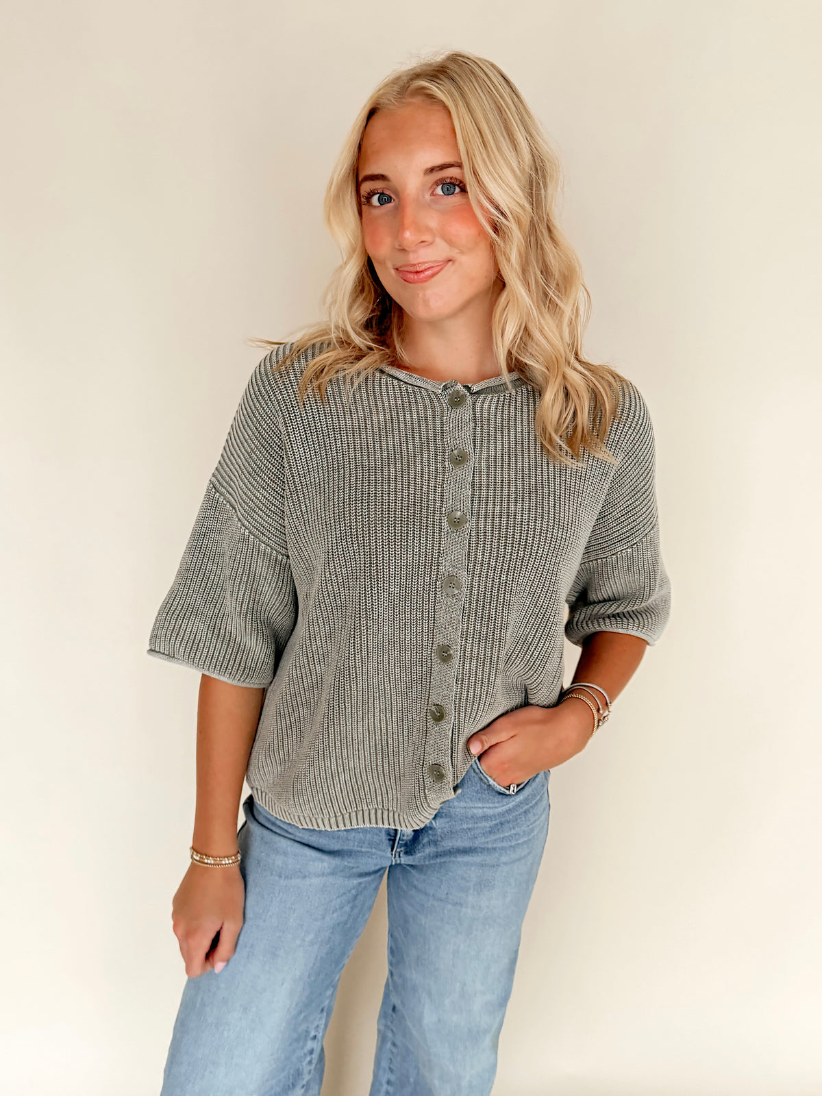 Light Olive Washed Ribbed Cardigan Top