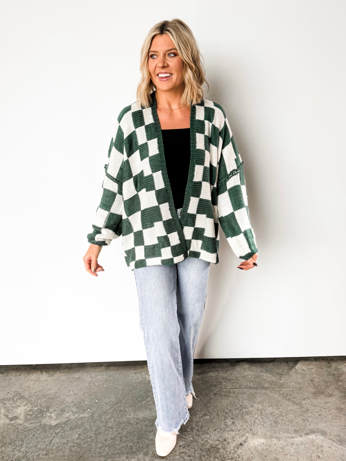 ‘Checking It Twice’ Holiday Green Checked Cardigan