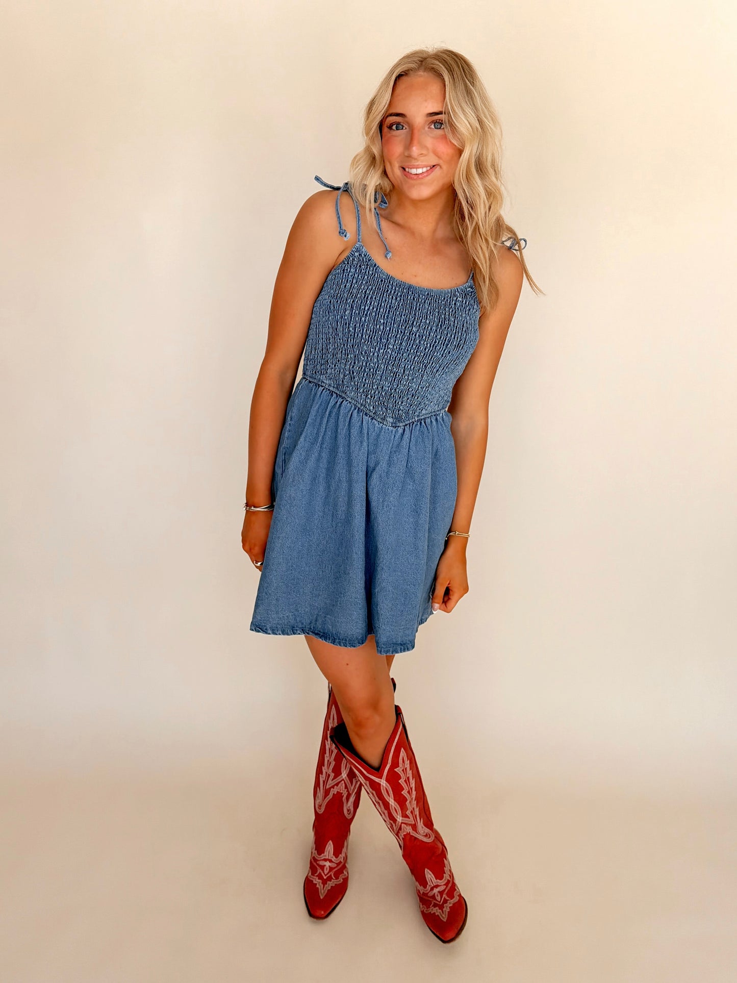 Smocked Denim Tie Top Dress
