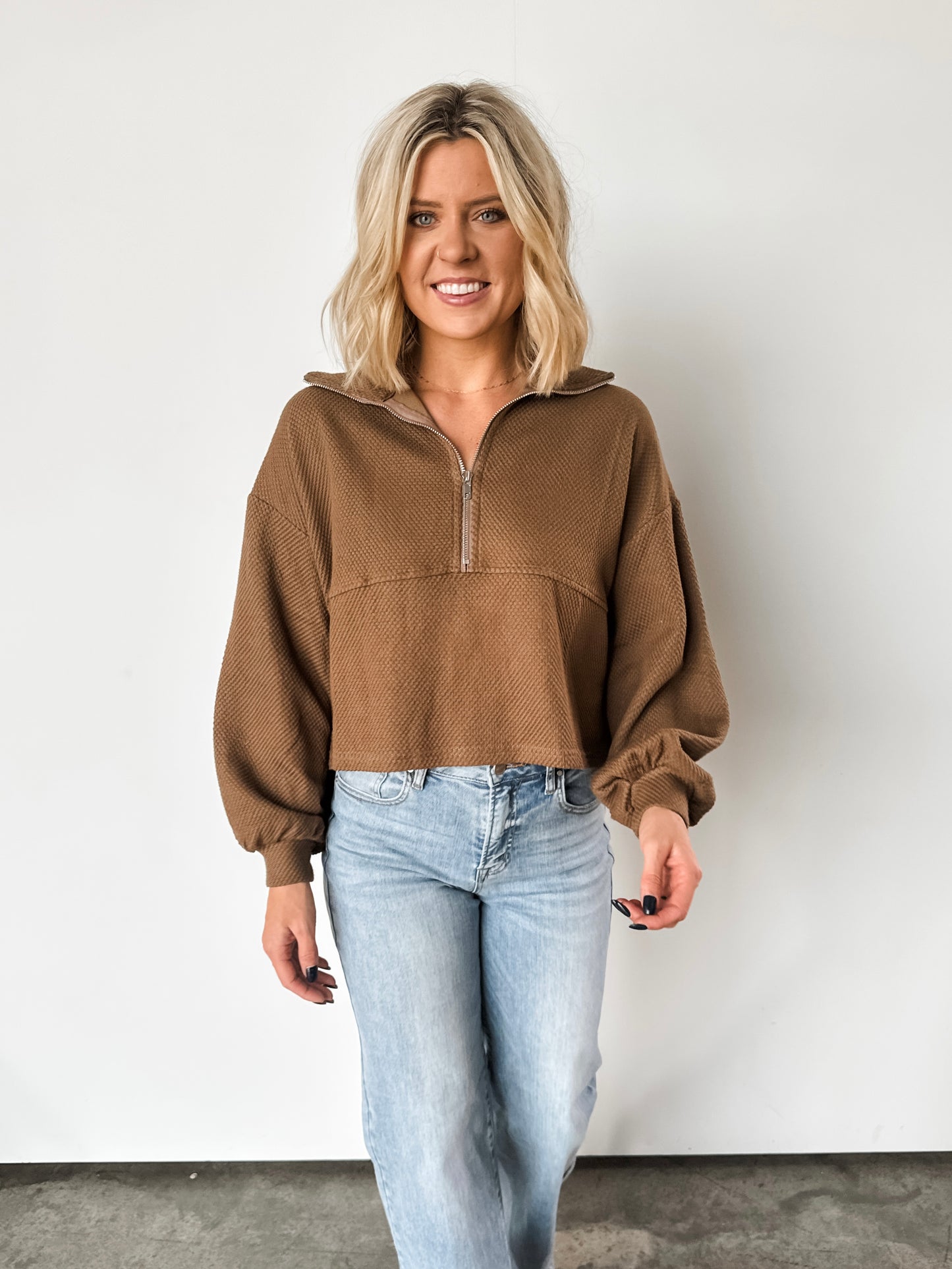 Cocoa Thermal Cropped Half Zip Pullover