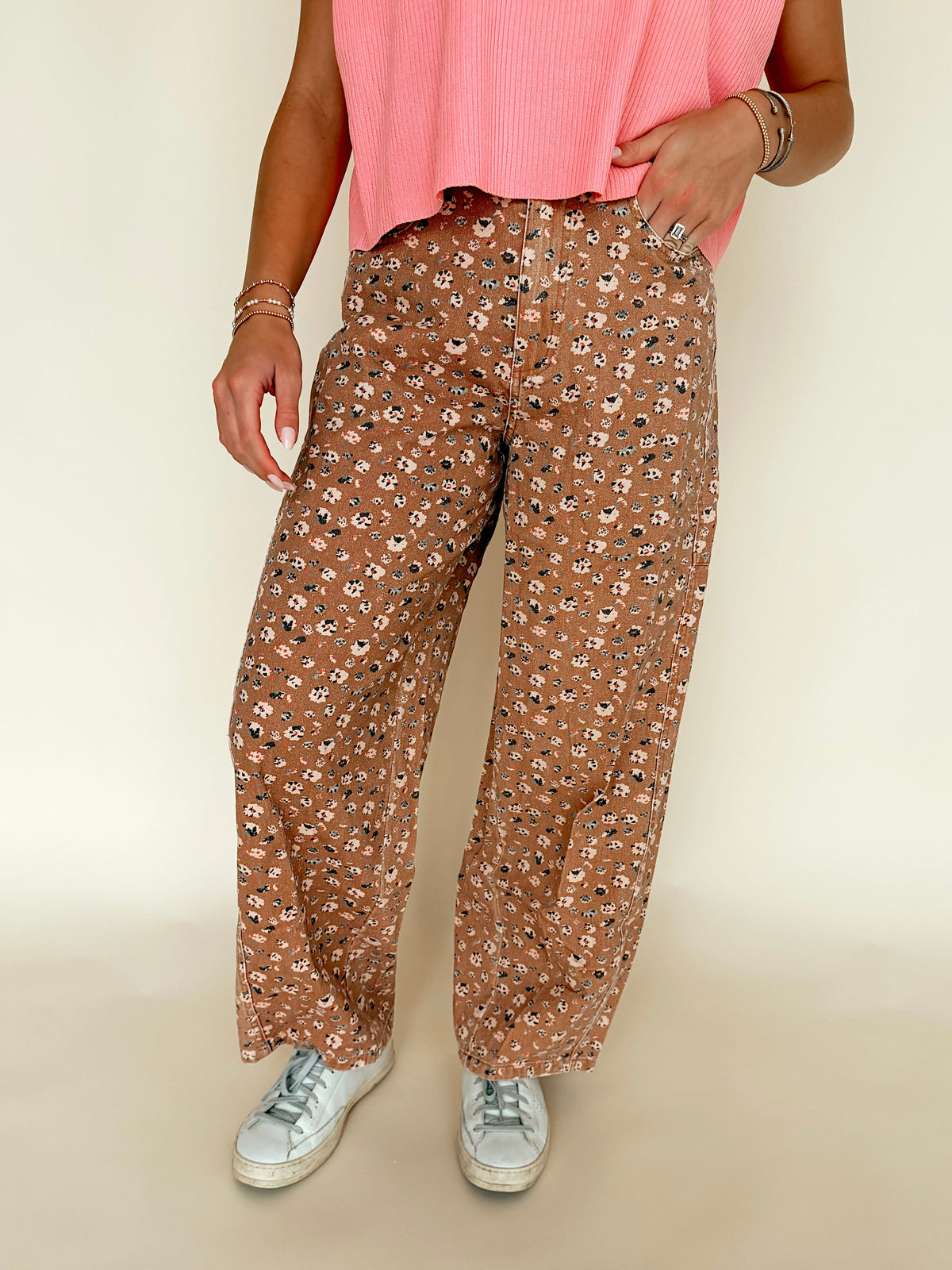 Brown Floral Print Barrel Denim