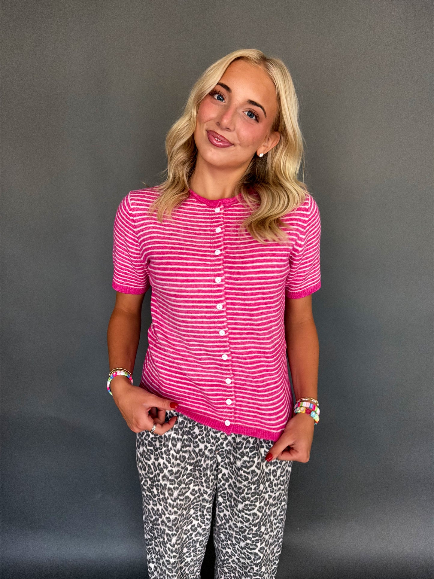 Bright Pink Striped Short Sleeve Button Cardigan