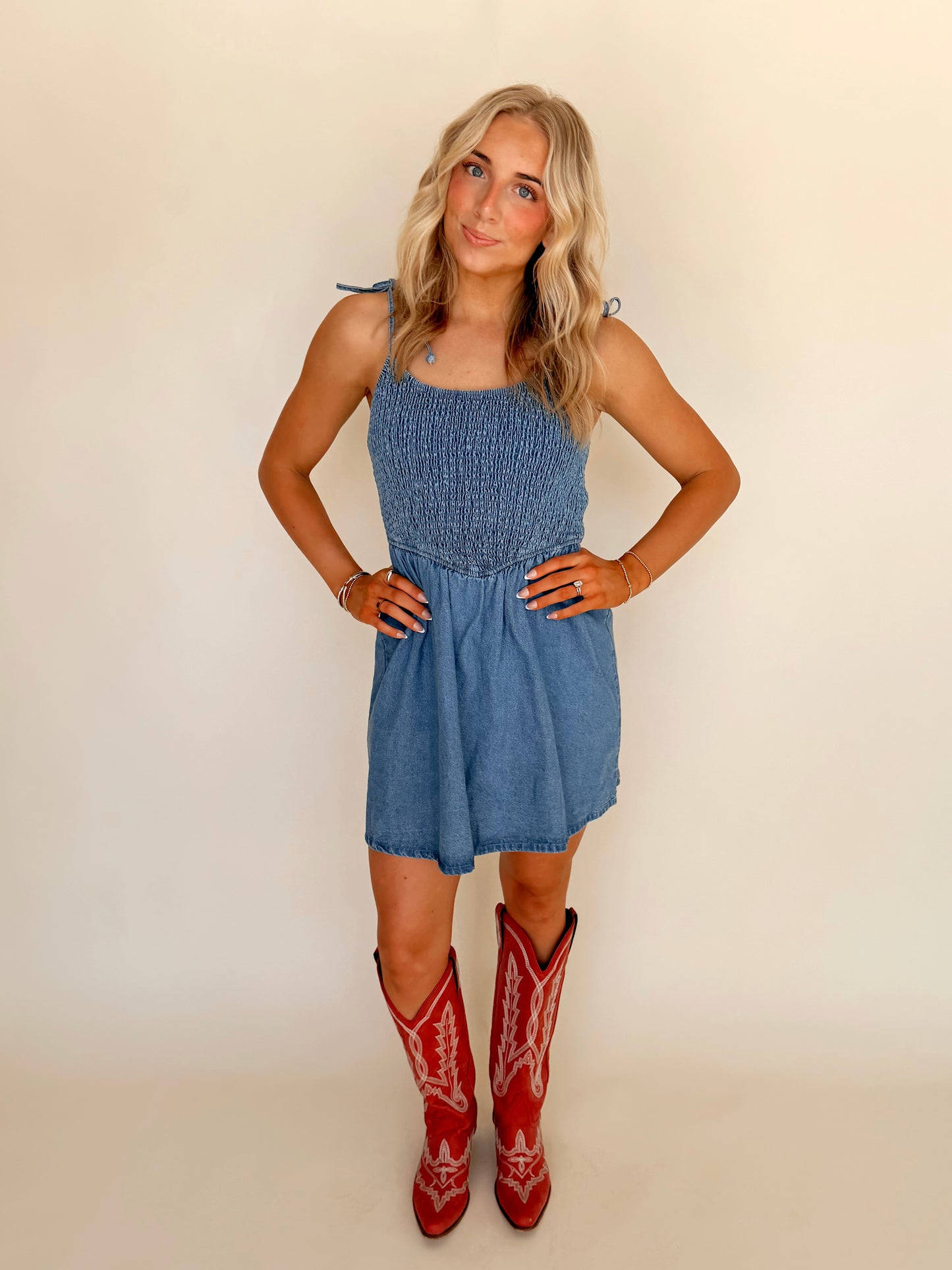 Smocked Denim Tie Top Dress