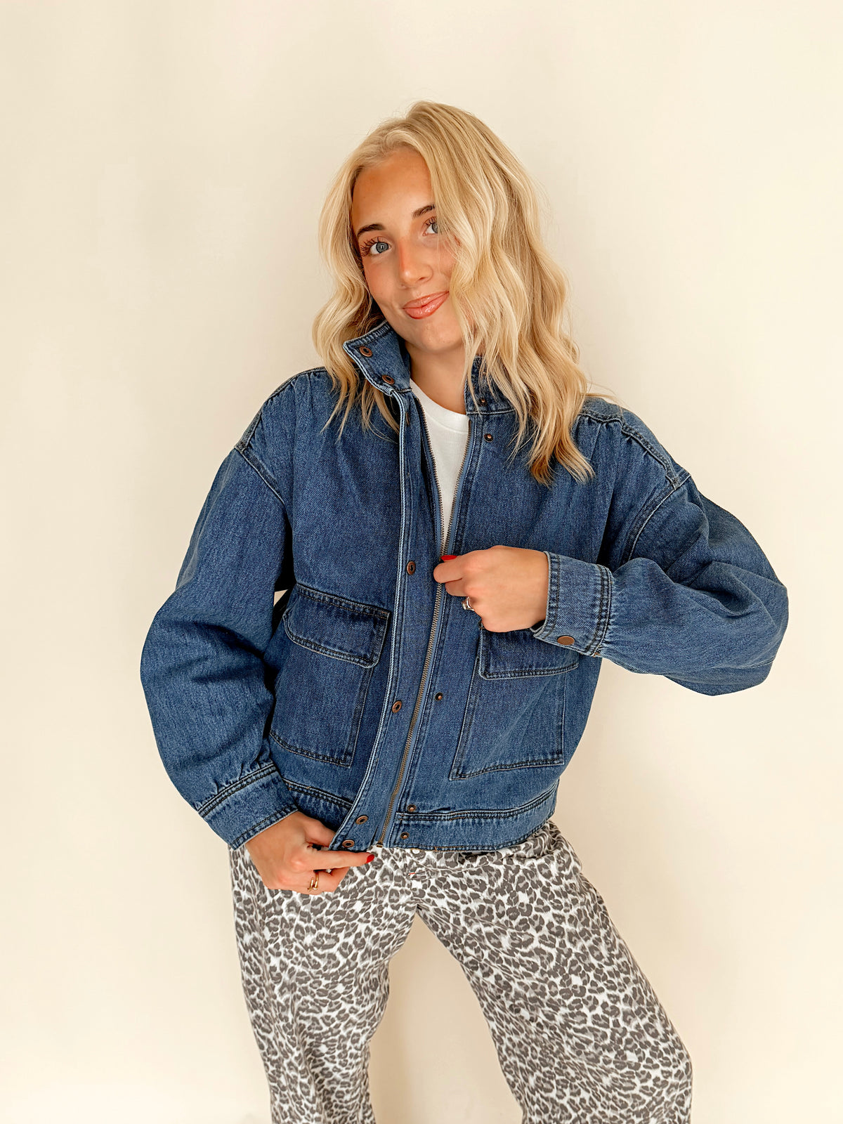 Denim Funnel Neck Snap Button Jacket