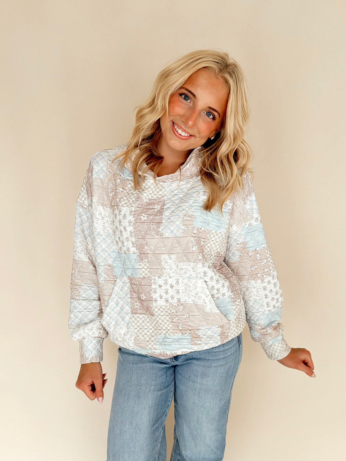 Quilted Patchwork Hooded Pullover