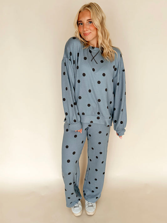 Blue & Brown Polka Dot Ribbed Set