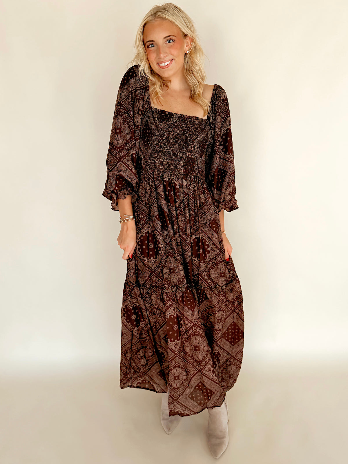Bandana Print Smocked Square Neck Maxi Dress