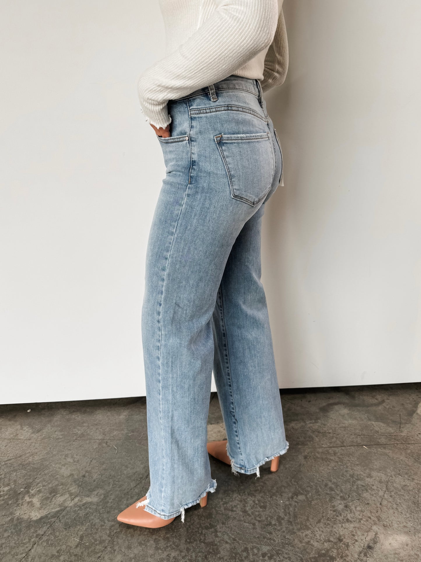 Risen Light Wash High Rise Wide Leg Denim