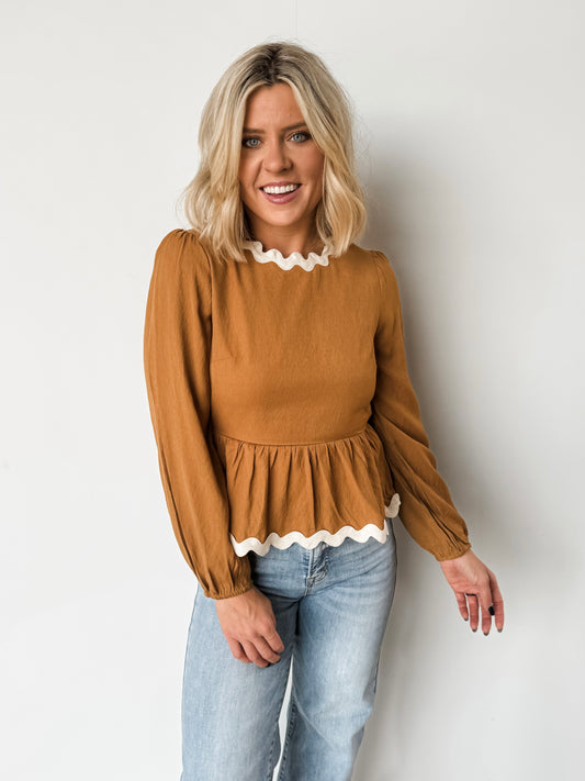 Camel Wavy Trim Baby Doll Top