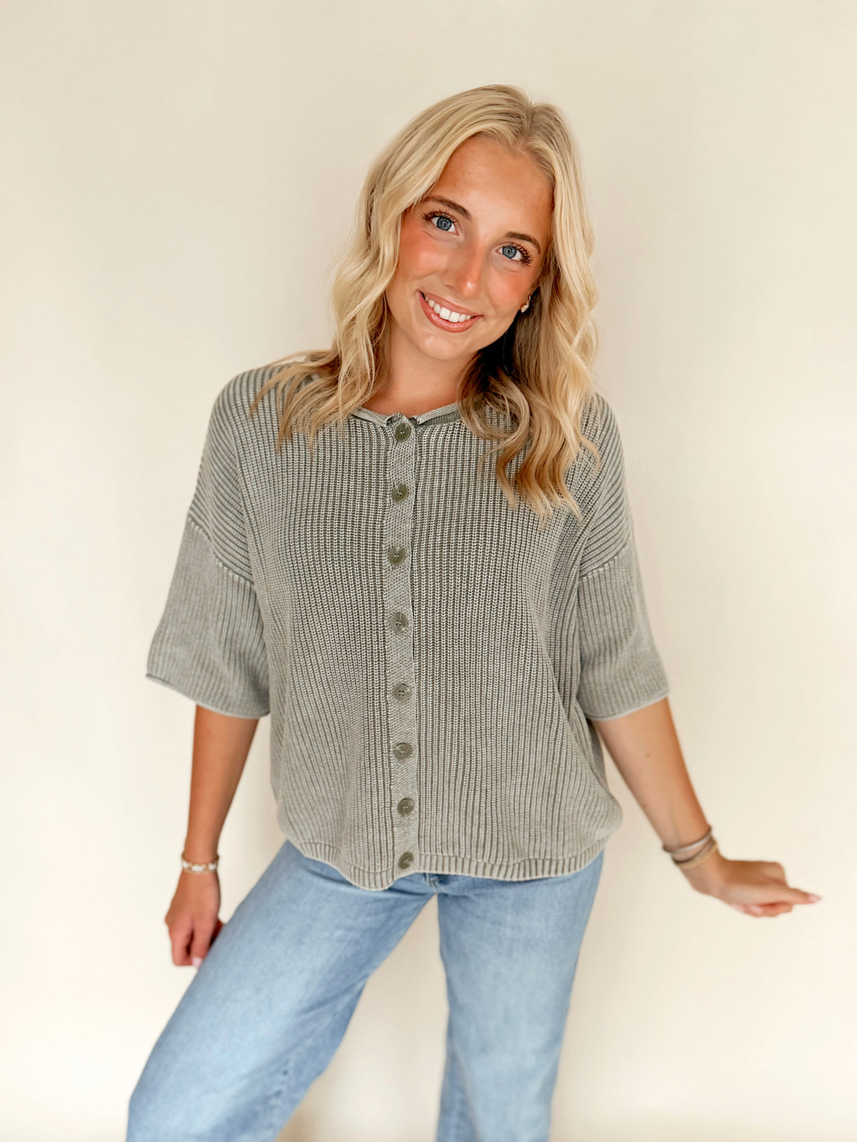 Light Olive Washed Ribbed Cardigan Top