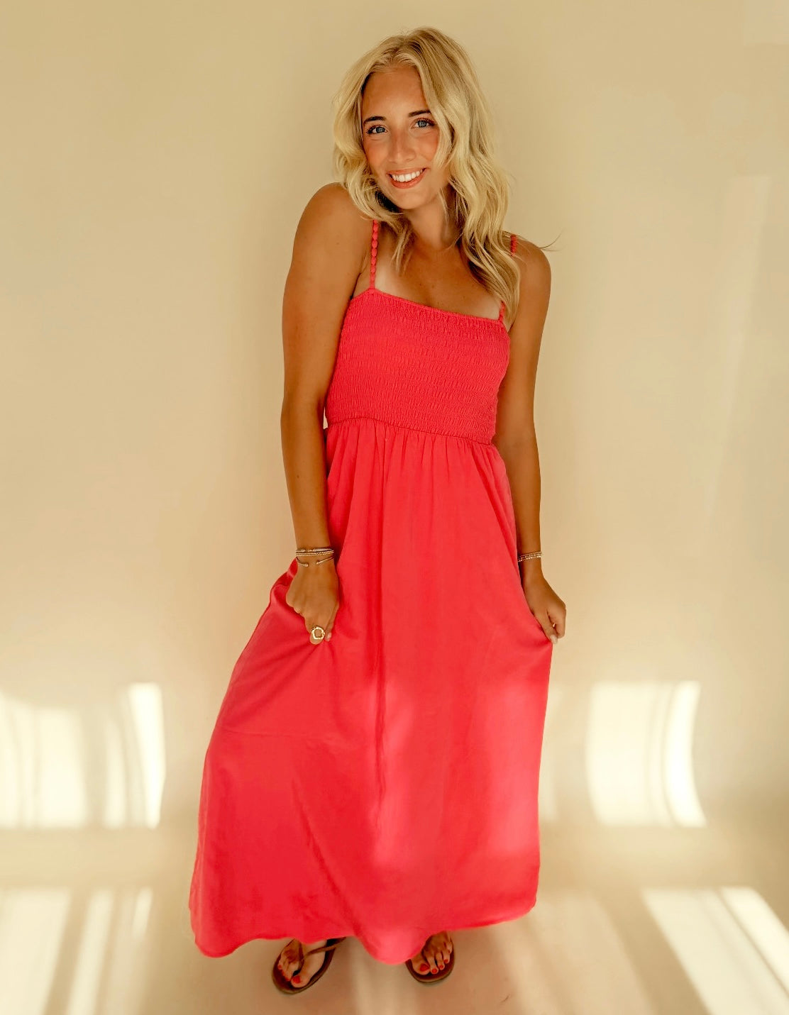 Hot Pink Pom Pom Smocked Maxi Dress